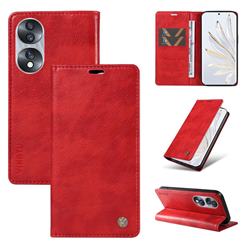 YIKATU Litchi Card Magnetic Automatic Suction Leather Flip Cover for Huawei Honor 70 - Bright Red