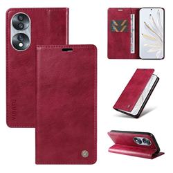 YIKATU Litchi Card Magnetic Automatic Suction Leather Flip Cover for Huawei Honor 70 - Wine Red