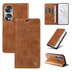 YIKATU Litchi Card Magnetic Automatic Suction Leather Flip Cover for Huawei Honor 70 - Brown