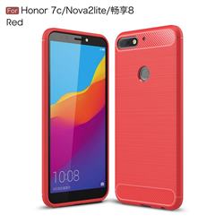 Luxury Carbon Fiber Brushed Wire Drawing Silicone TPU Back Cover for Huawei Honor 7C - Red