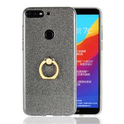Luxury Soft TPU Glitter Back Ring Cover with 360 Rotate Finger Holder Buckle for Huawei Honor 7C - Black