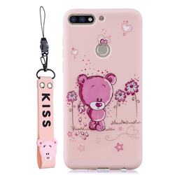 Pink Flower Bear Soft Kiss Candy Hand Strap Silicone Case for Huawei Honor 7C