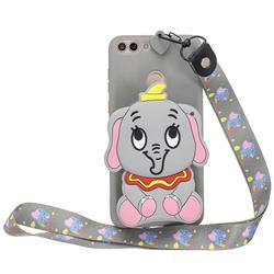 Gray Elephant Neck Lanyard Zipper Wallet Silicone Case for Huawei Honor 7C