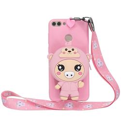 Pink Pig Neck Lanyard Zipper Wallet Silicone Case for Huawei Honor 7C