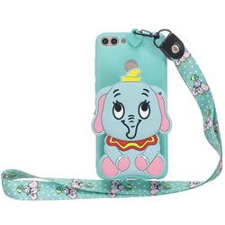 Blue Elephant Neck Lanyard Zipper Wallet Silicone Case for Huawei Honor 7C