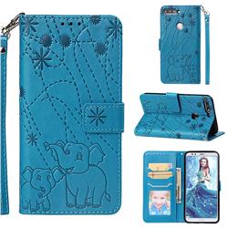 Embossing Fireworks Elephant Leather Wallet Case for Huawei Honor 7C - Blue