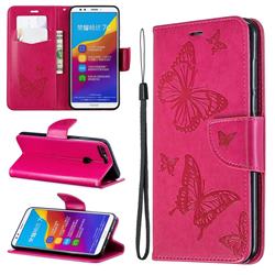 Embossing Double Butterfly Leather Wallet Case for Huawei Honor 7C - Red