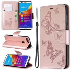 Embossing Double Butterfly Leather Wallet Case for Huawei Honor 7C - Rose Gold