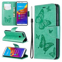 Embossing Double Butterfly Leather Wallet Case for Huawei Honor 7C - Green