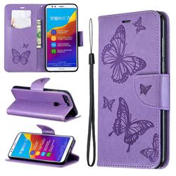 Embossing Double Butterfly Leather Wallet Case for Huawei Honor 7C - Purple