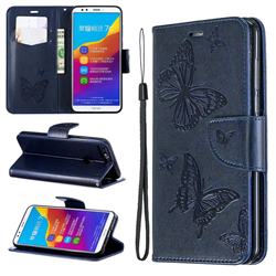Embossing Double Butterfly Leather Wallet Case for Huawei Honor 7C - Dark Blue