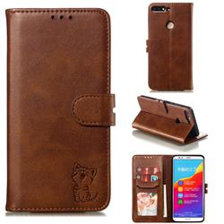 Embossing Happy Cat Leather Wallet Case for Huawei Honor 7C - Brown
