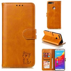 Embossing Happy Cat Leather Wallet Case for Huawei Honor 7C - Yellow