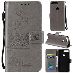 Embossing Owl Couple Flower Leather Wallet Case for Huawei Honor 7C - Gray