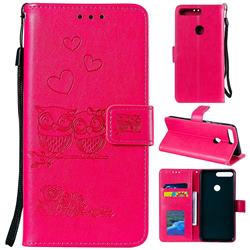 Embossing Owl Couple Flower Leather Wallet Case for Huawei Honor 7C - Red