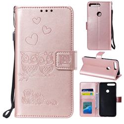 Embossing Owl Couple Flower Leather Wallet Case for Huawei Honor 7C - Rose Gold