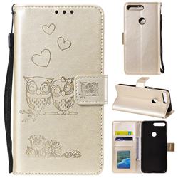 Embossing Owl Couple Flower Leather Wallet Case for Huawei Honor 7C - Golden