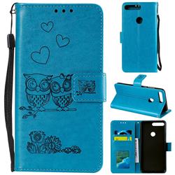 Embossing Owl Couple Flower Leather Wallet Case for Huawei Honor 7C - Blue