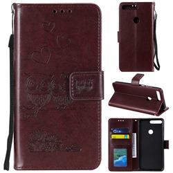 Embossing Owl Couple Flower Leather Wallet Case for Huawei Honor 7C - Brown