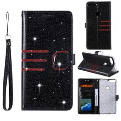 Retro Stitching Glitter Leather Wallet Phone Case for Huawei Honor 7C - Black