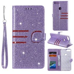 Retro Stitching Glitter Leather Wallet Phone Case for Huawei Honor 7C - Purple