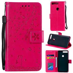 Embossing Cherry Blossom Cat Leather Wallet Case for Huawei Honor 7C - Rose