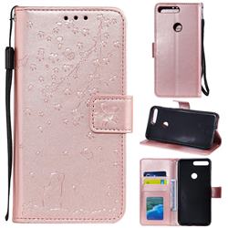 Embossing Cherry Blossom Cat Leather Wallet Case for Huawei Honor 7C - Rose Gold