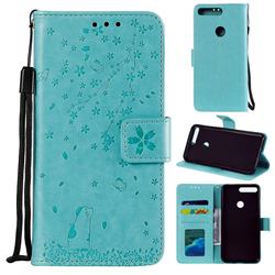Embossing Cherry Blossom Cat Leather Wallet Case for Huawei Honor 7C - Green