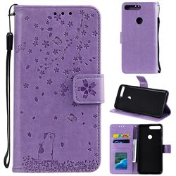 Embossing Cherry Blossom Cat Leather Wallet Case for Huawei Honor 7C - Purple