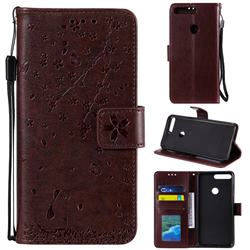 Embossing Cherry Blossom Cat Leather Wallet Case for Huawei Honor 7C - Brown
