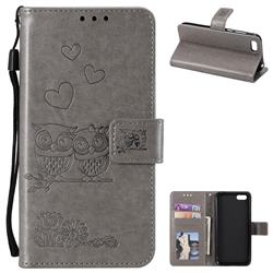 Embossing Owl Couple Flower Leather Wallet Case for Huawei Honor 7s - Gray