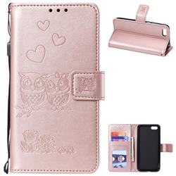 Embossing Owl Couple Flower Leather Wallet Case for Huawei Honor 7s - Rose Gold