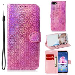 Laser Circle Shining Leather Wallet Phone Case for Huawei Honor 7s - Pink