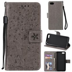 Embossing Cherry Blossom Cat Leather Wallet Case for Huawei Honor 7s - Gray