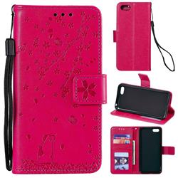 Embossing Cherry Blossom Cat Leather Wallet Case for Huawei Honor 7s - Rose