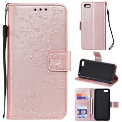 Embossing Cherry Blossom Cat Leather Wallet Case for Huawei Honor 7s - Rose Gold