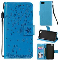 Embossing Cherry Blossom Cat Leather Wallet Case for Huawei Honor 7s - Blue