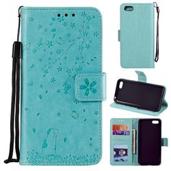Embossing Cherry Blossom Cat Leather Wallet Case for Huawei Honor 7s - Green