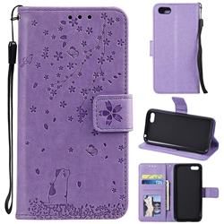 Embossing Cherry Blossom Cat Leather Wallet Case for Huawei Honor 7s - Purple