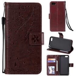 Embossing Cherry Blossom Cat Leather Wallet Case for Huawei Honor 7s - Brown