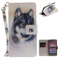 Snow Wolf Hand Strap Leather Wallet Case for Huawei Honor 8