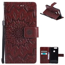 Embossing Sunflower Leather Wallet Case for Huawei Honor 8 - Brown