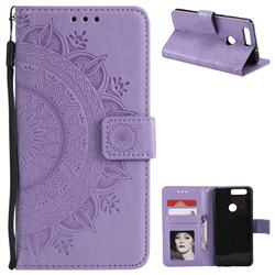 Intricate Embossing Datura Leather Wallet Case for Huawei Honor 8 - Purple