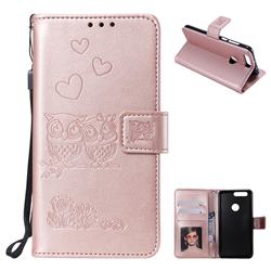 Embossing Owl Couple Flower Leather Wallet Case for Huawei Honor 8 - Rose Gold
