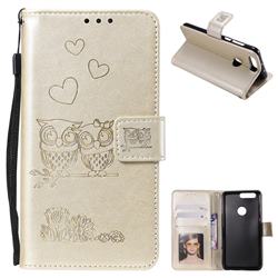 Embossing Owl Couple Flower Leather Wallet Case for Huawei Honor 8 - Golden