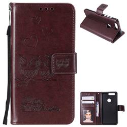 Embossing Owl Couple Flower Leather Wallet Case for Huawei Honor 8 - Brown
