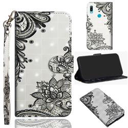 Black Lace Flower 3D Painted Leather Wallet Case for Huawei Honor 8A