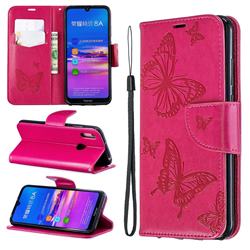 Embossing Double Butterfly Leather Wallet Case for Huawei Honor 8A - Red