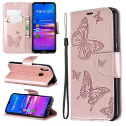 Embossing Double Butterfly Leather Wallet Case for Huawei Honor 8A - Rose Gold