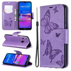 Embossing Double Butterfly Leather Wallet Case for Huawei Honor 8A - Purple